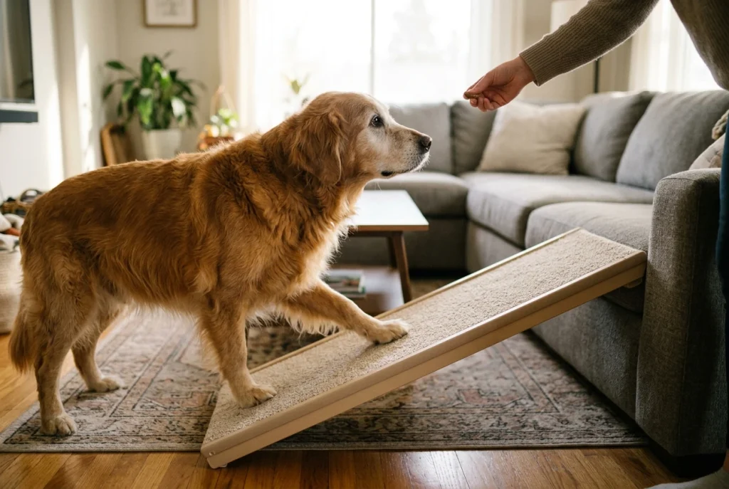 An older golden retriever with a graying muzzle stands at the base of a long, gently sloped carpeted ramp leading up to a gray living room sofa, one front paw resting on the ramp while