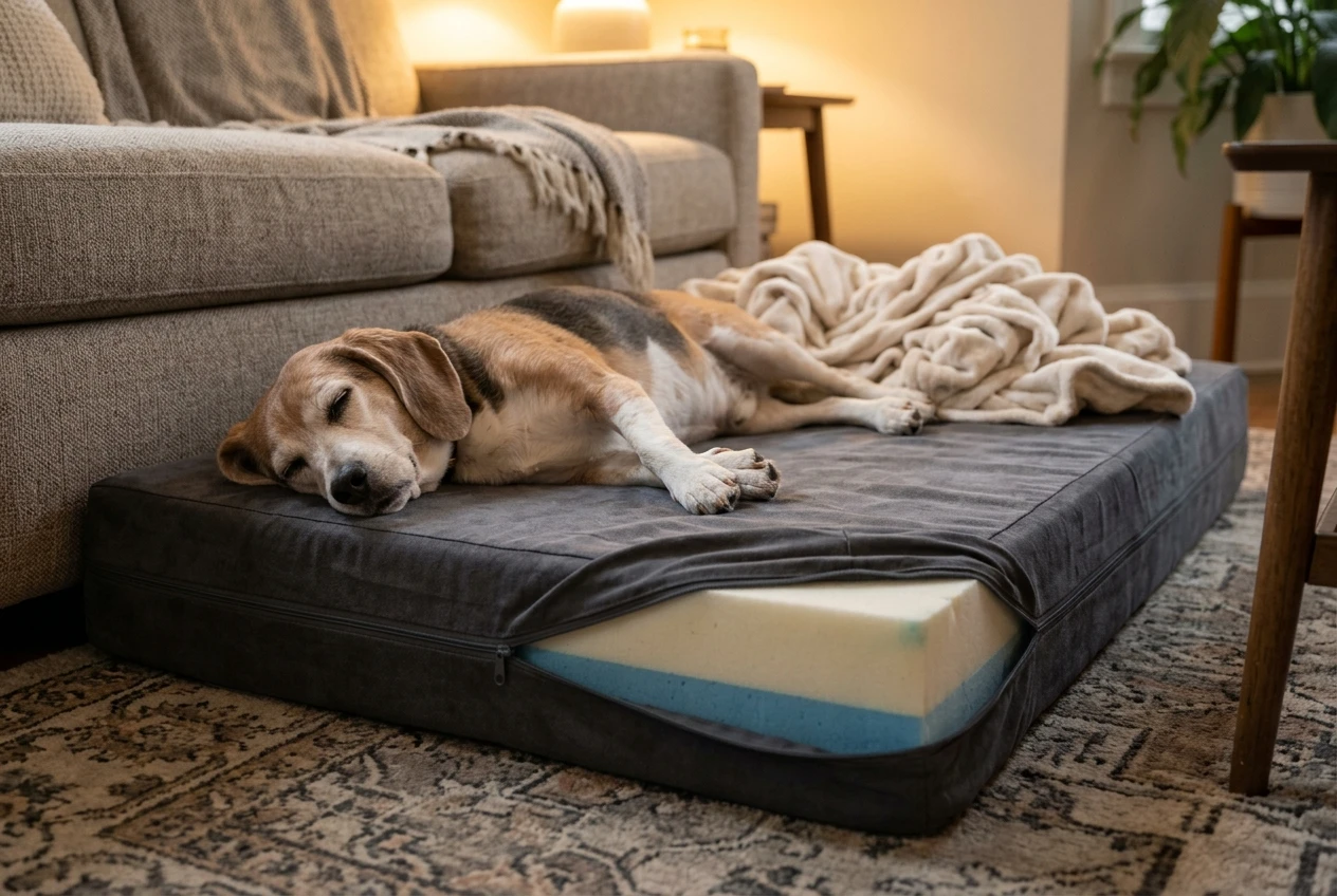 A senior beagle sleeping deeply, stretched out on a thick charcoal orthopedic foam bed with a low front edge, placed beside a sofa in a cozy living room. A removable washable cover is partly unzipped to reveal the dense foam beneath. Warm lamp light, soft blanket nearby.