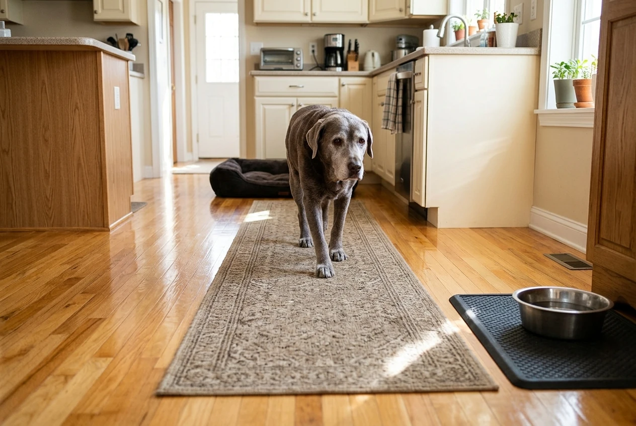 A graying Labrador walking confidently along a non-slip runner laid across a glossy hardwood kitchen floor, leading from a dog bed toward a water bowl on a gripped mat. Bare slick wood shows on either side of the runner, bright morning light, honey and cream colors.