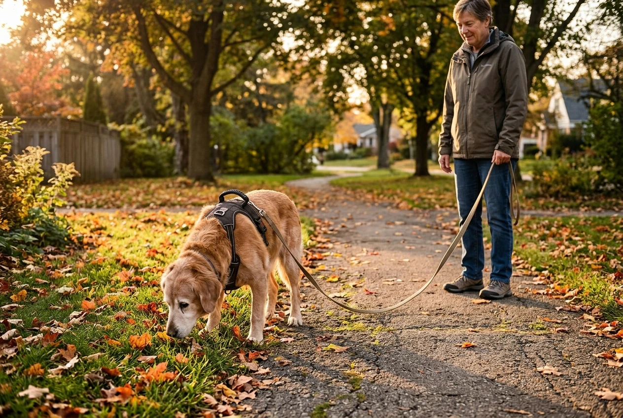An elderly dog in a padded harness with a back handle sniffing the grass at the edge of a leafy neighborhood path, while the owner waits patiently holding a loose leash. Golden late-afternoon light, autumn leaves on the ground, unhurried mood.